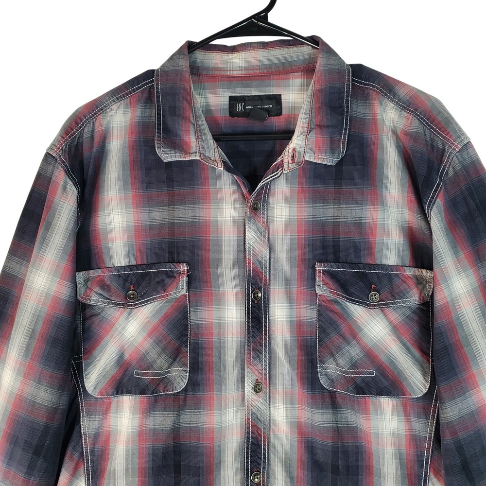INC International Concepts Mens XXL Blue Red Plaid Button Down Shirt Long Sleeve